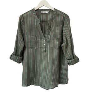 Carve Designs Dylan Gauze Top Cilantro Green Stripe Roll Tab Sleeve Size Large